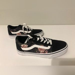 Black Vans with checkered background and roses. SIZE 8 women’s. Worn once